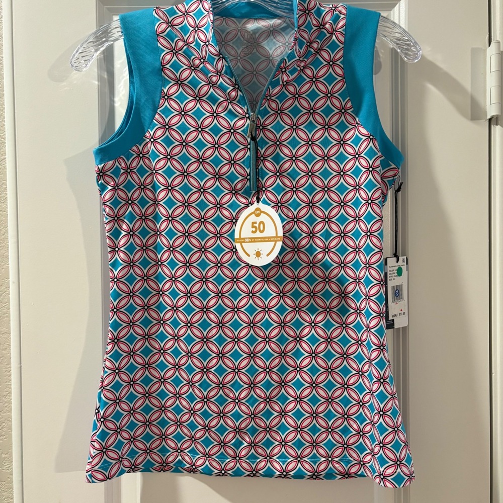 Tail White Label Golf Top XS Sleeveless Mandarin Collar Tulip Geometric Print